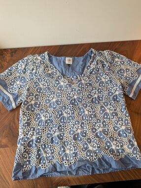 CAbi Light Blue Top with Cream Floral Crochet Overlay